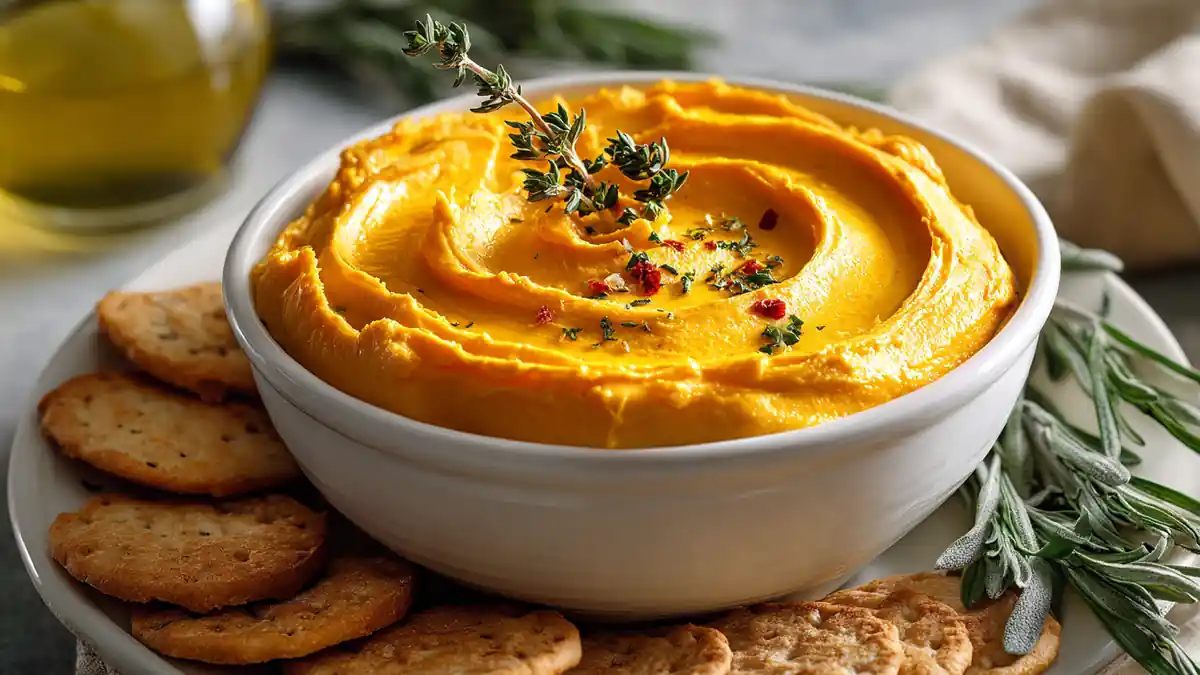 Tartinade onctueuse de potimarron dans un bol blanc, décorée de romarin et servie avec des crackers croustillants