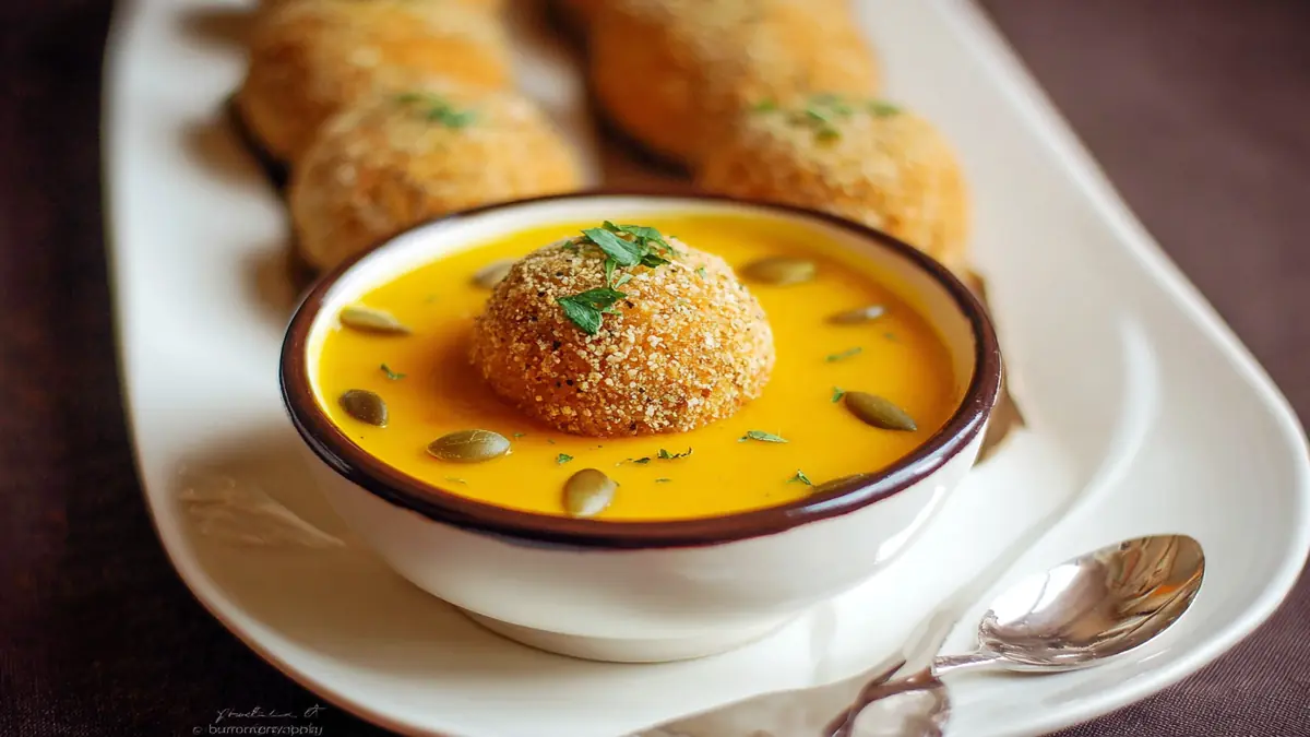 Velouté de potiron garni d'une croquette panée croustillante, graines de courge et persil frais dans un bol blanc émaillé