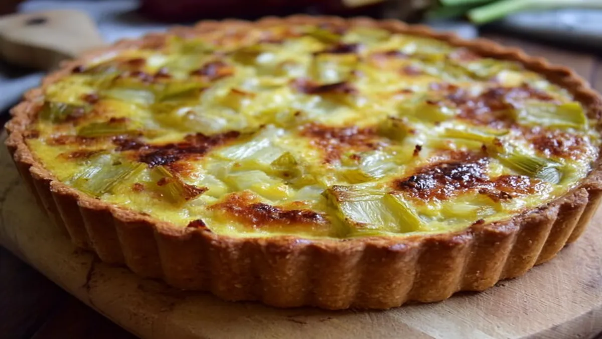 Quiche maison dorée garnie de poireaux fondants sur fond en bois