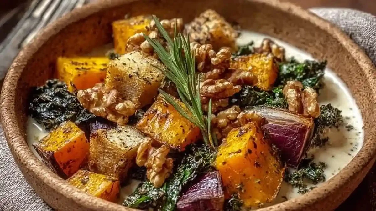Ragoût de légumes d'automne avec sauce noix et chèvre dans un bol