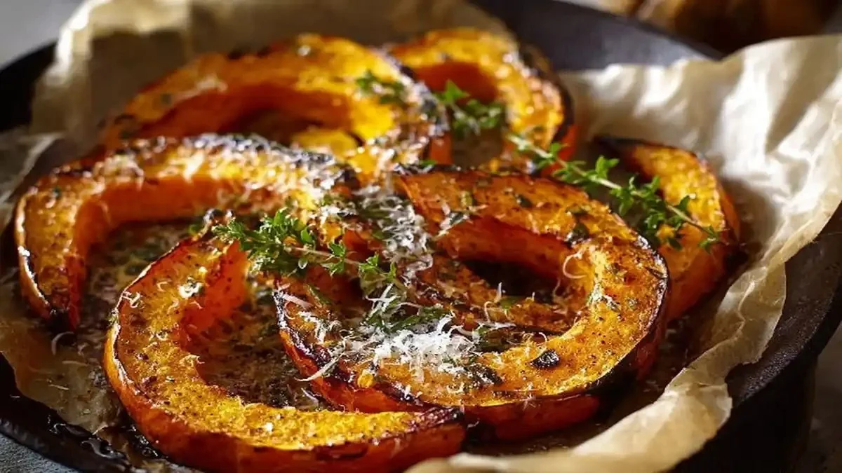 Wedges de courge butternut rôties garnies de parmesan, prêtes à être dégustées.