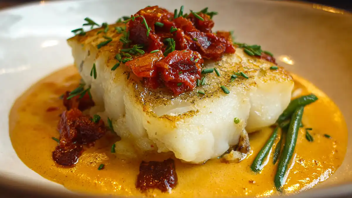 Cabillaud rôti avec chorizo croustillant, sauce romesco et haricots verts sur assiette en céramique