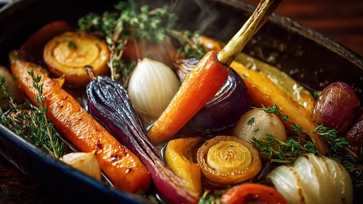 Légumes racines rôtis au four avec carottes, oignons, échalotes et thym frais