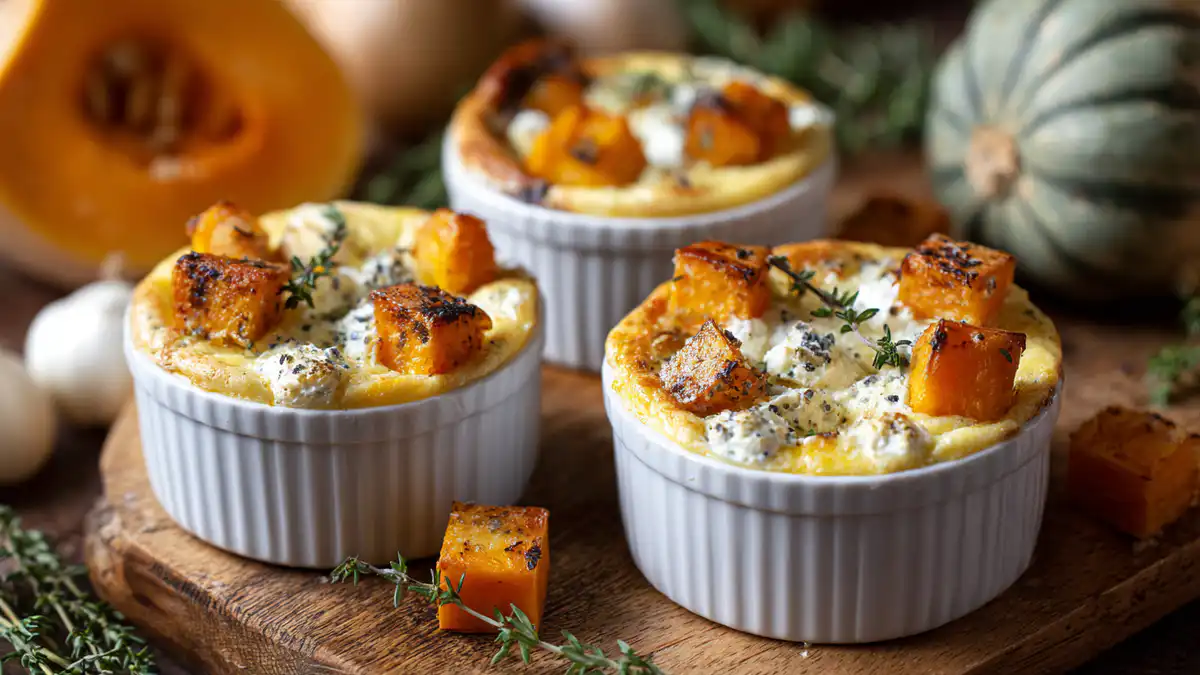 Soufflés individuels à la courge rôtie et fromage, servis dans des ramequins blancs.