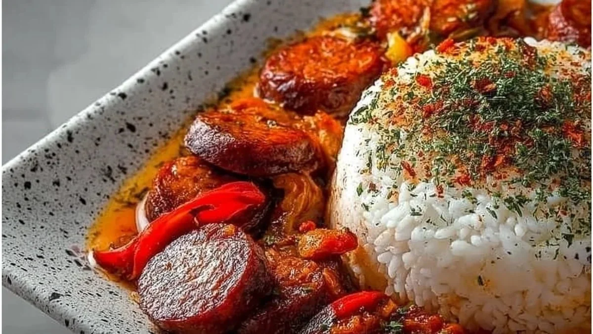 Plat de Rougail Saucisse Réunionnais sur une table, accompagnés de riz