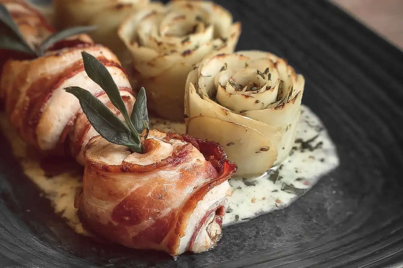 Roulés de volaille au lard avec pommes de terre en forme de roses sur lit de sauce crémeuse aux herbes.