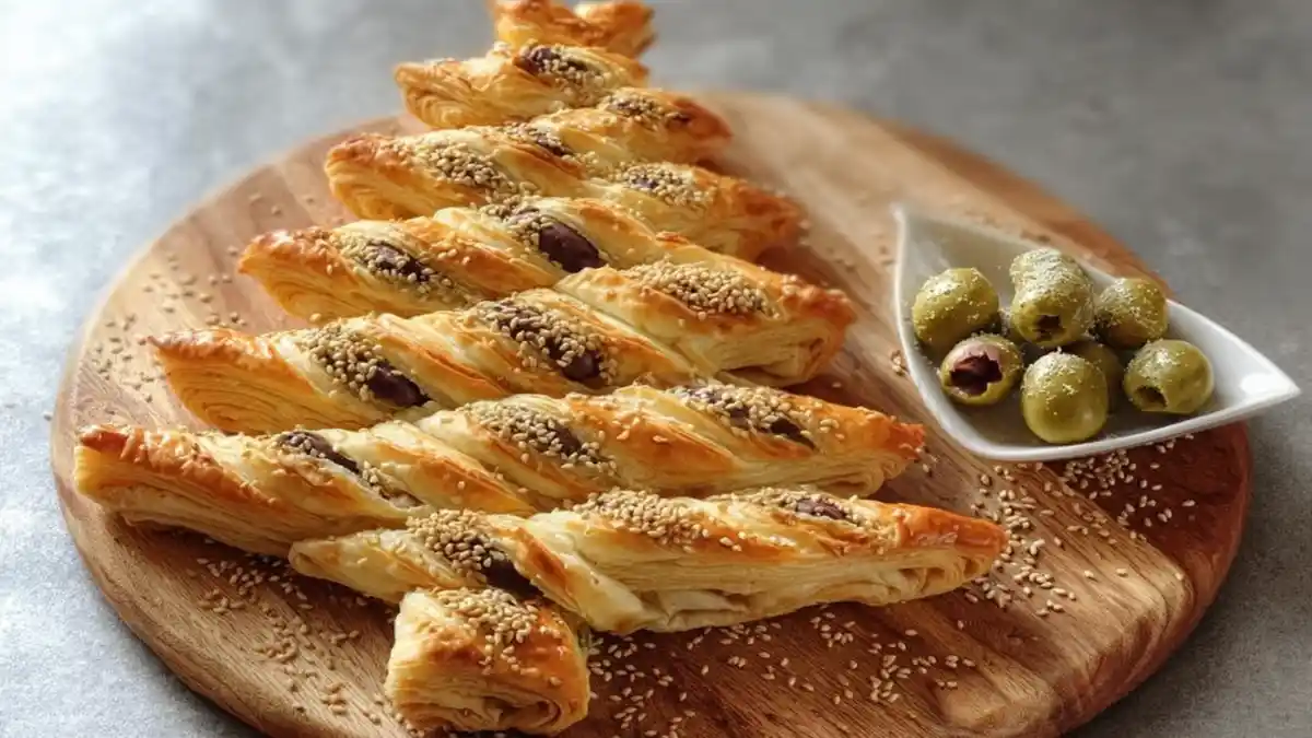 sapin feuilleté aux olives et graines de sésame sur planche en bois avec olives vertes