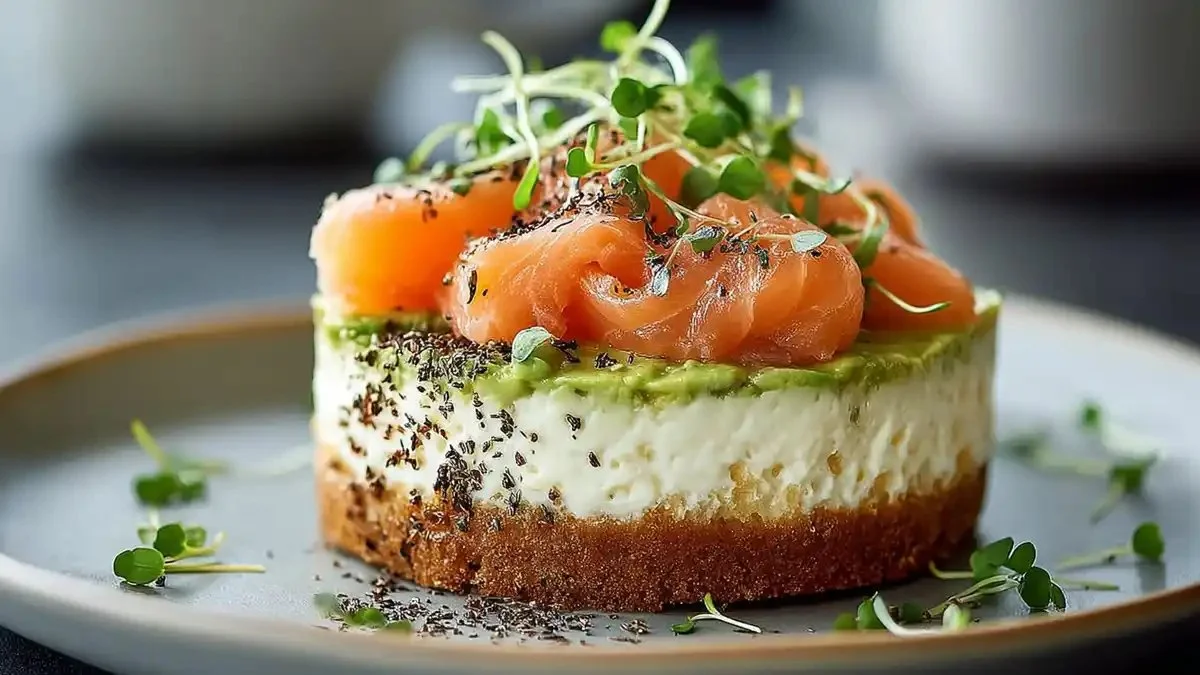 Cheesecake savoureux à l'avocat et au saumon, idéal pour une entrée raffinée.