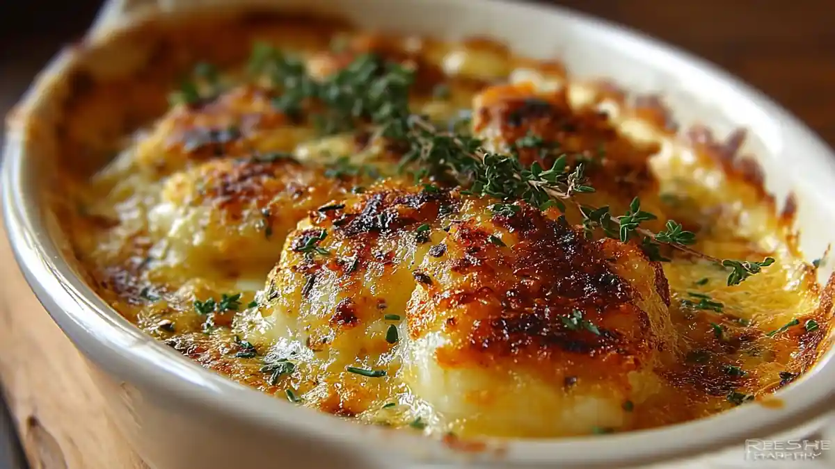 Gratin de pommes de terre fondantes et dorées au fromage, garni de thym frais