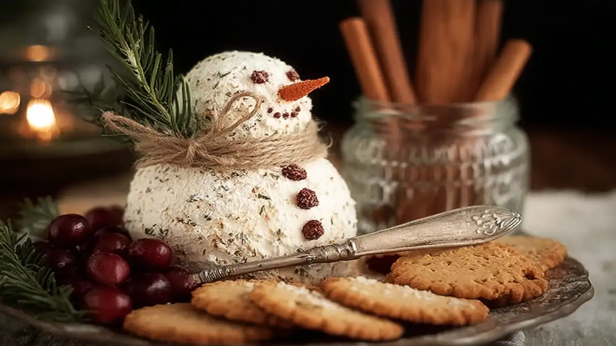 boule de fromage en forme de bonhomme de neige avec herbes, canneberges, biscuits et garniture au romarin