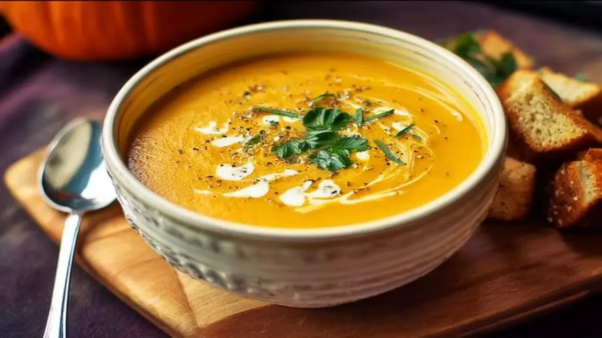 Soupe potimarron et lait de coco servie dans un bol en céramique
