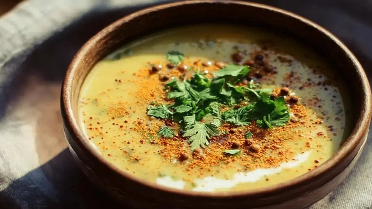 Bol de Soupe De Lentilles au Lait De Coco et Épices, garnie de coriandre fraîche