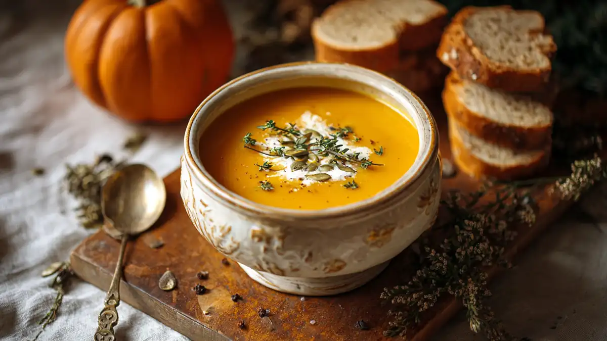 Bol de soupe au potiron avec crème, graines de courge, thym et tranches de pain rustique