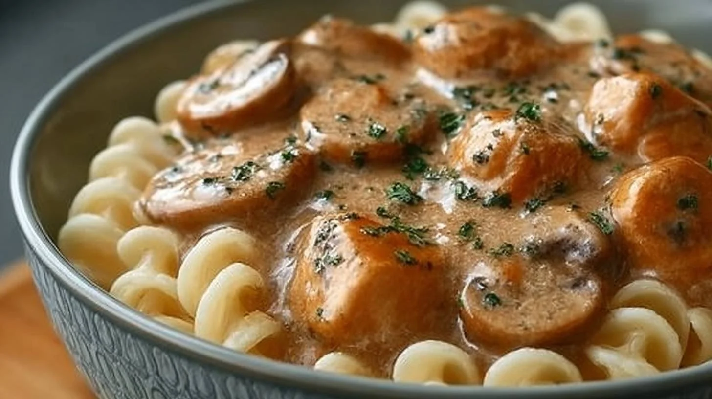 Stroganoff de Poulet aux Champignons dans un plat blanc avec garniture verte.