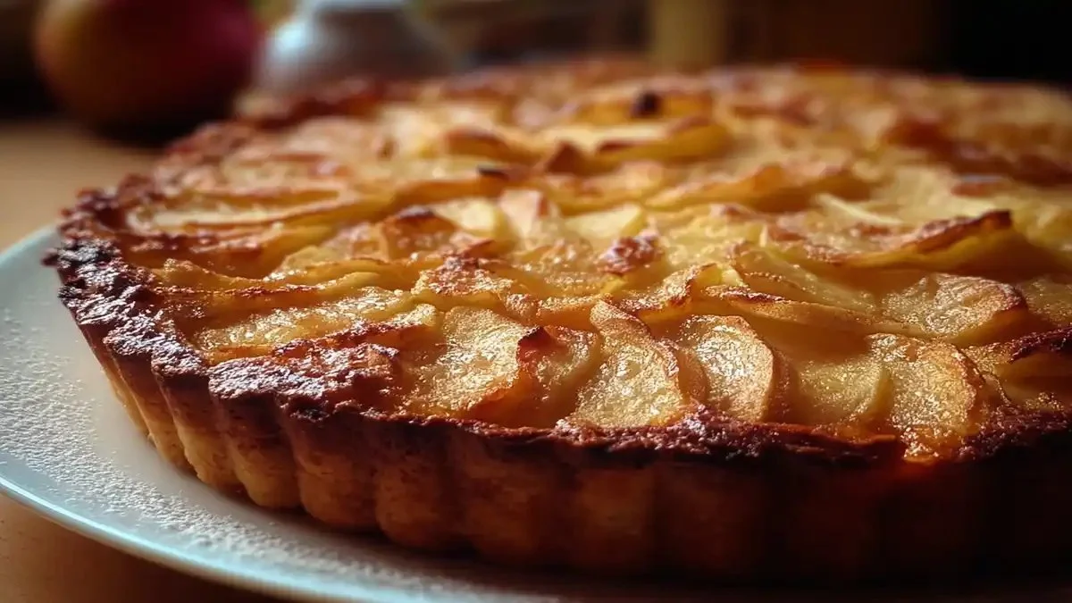 Une délicieuse tarte aux pommes servie avec crème glacée.
