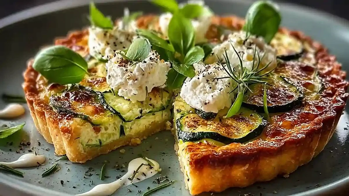 Tarte courgette feta garnie de légumes frais et de fromage, prête à être dégustée