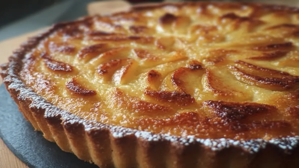 arte aux pommes maison avec bordures dorées et tranches de pommes caramélisées en rosace