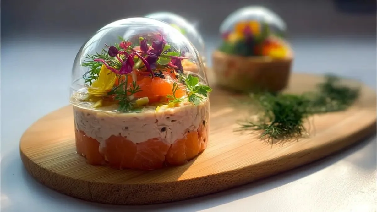 Terrine de saumon frais et fumé, décorée avec des herbes fraîches.
