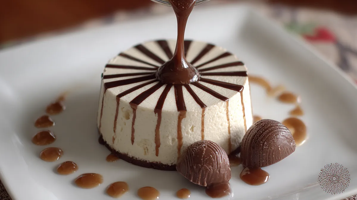 mousse à la vanille nappée de chocolat, décorée de coques en chocolat sur une assiette blanche