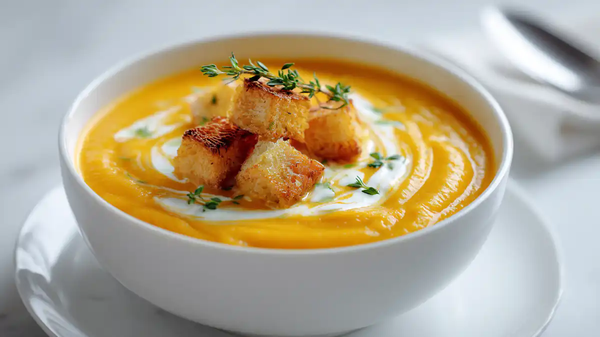 Velouté de courge crémeux servi dans un bol blanc, garni de croûtons dorés et de brins de thym frais.