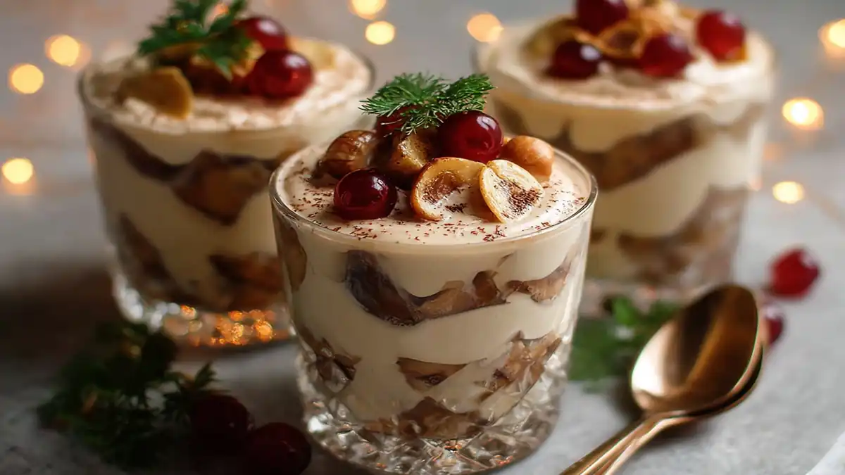 Verrines de dessert en couches avec crème mascarpone, gâteau imbibé de café, garnies de cerises, de noix et d’une décoration festive.