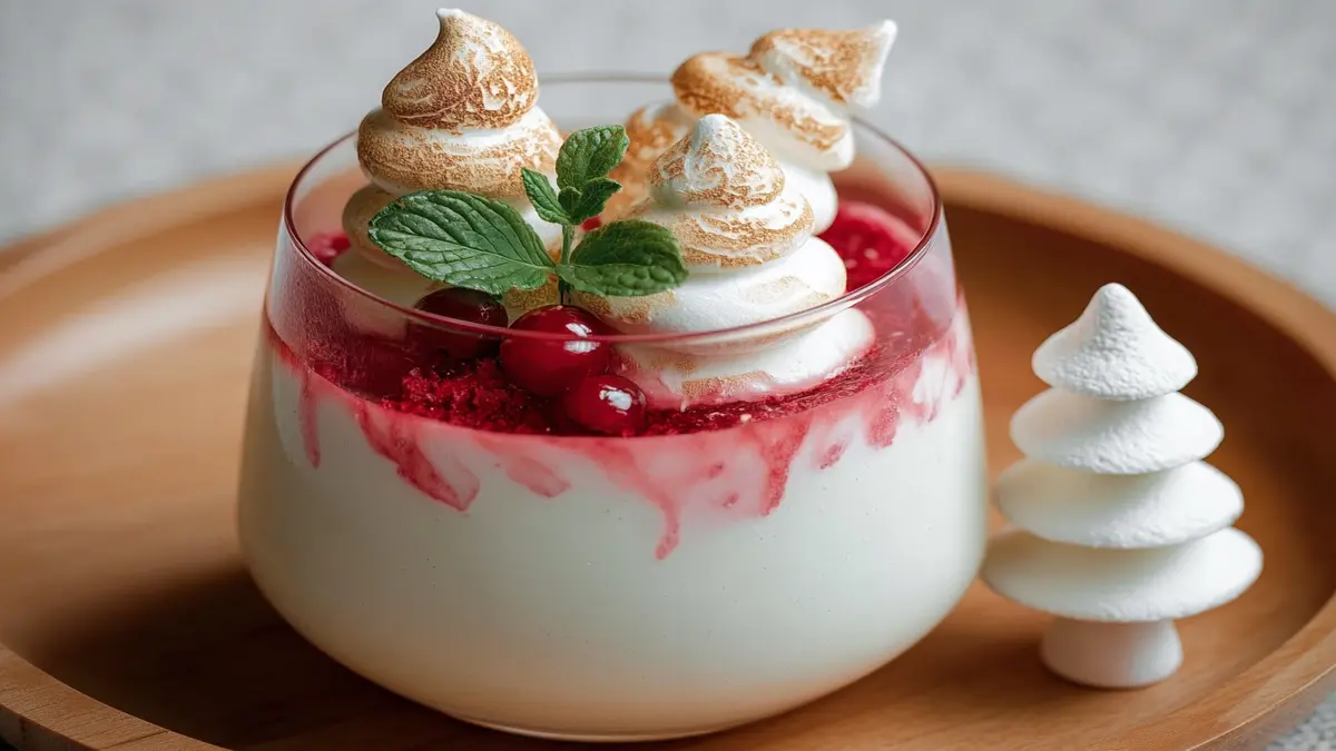 verrine de mousse vanille décorée de groseilles, meringues flambées et menthe, avec sapin en meringue