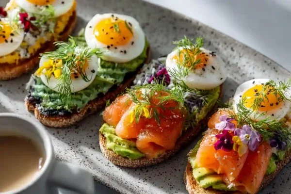 tartine à l’avocat garnie de saumon fumé, œufs mollets, aneth frais et fleurs comestibles sur une assiette en céramique
