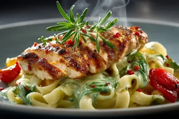 tagliatelles crémeuses aux épinards, servies avec blanc de poulet grillé, tomates rôties et romarin frais