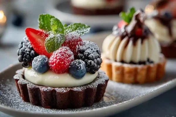 tartelette au chocolat garnie de crème vanille et de fruits rouges frais – fraise, framboise, myrtille, mûre – saupoudrée de sucre glace