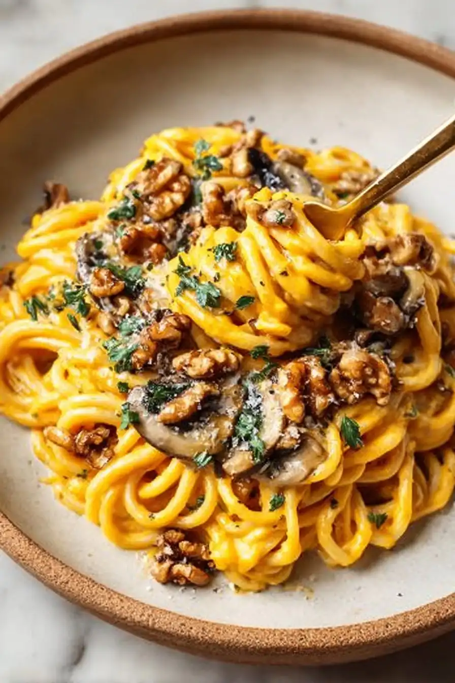 Creamy Butternut Squash Pasta with Mushrooms and Toasted Nuts