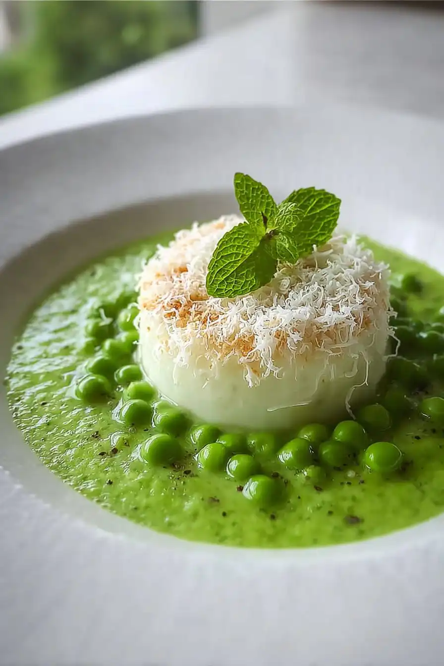 Île Flottante Salée au Parmesan sur Velouté Froid de Petits Pois à la Menthe