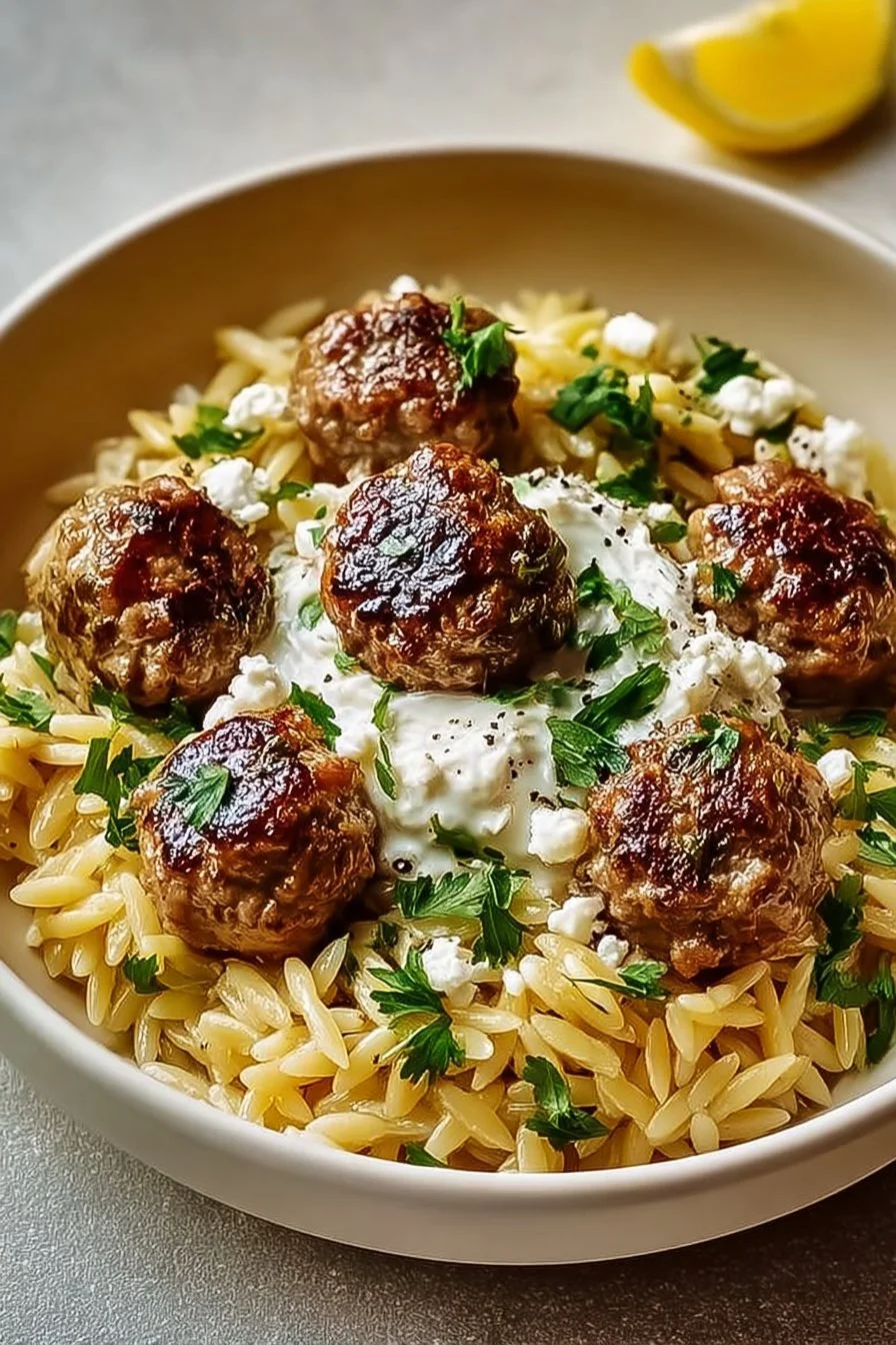 Boulettes Grecques & Orzo Citronné avec Crème de Feta Délicieuses