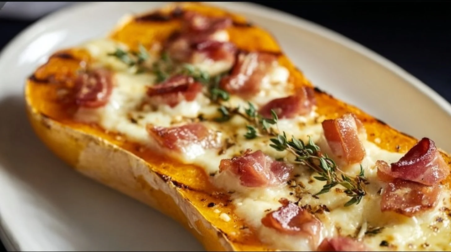 Butternut squash rôti avec bacon et fromage fondant sur une assiette appétissante