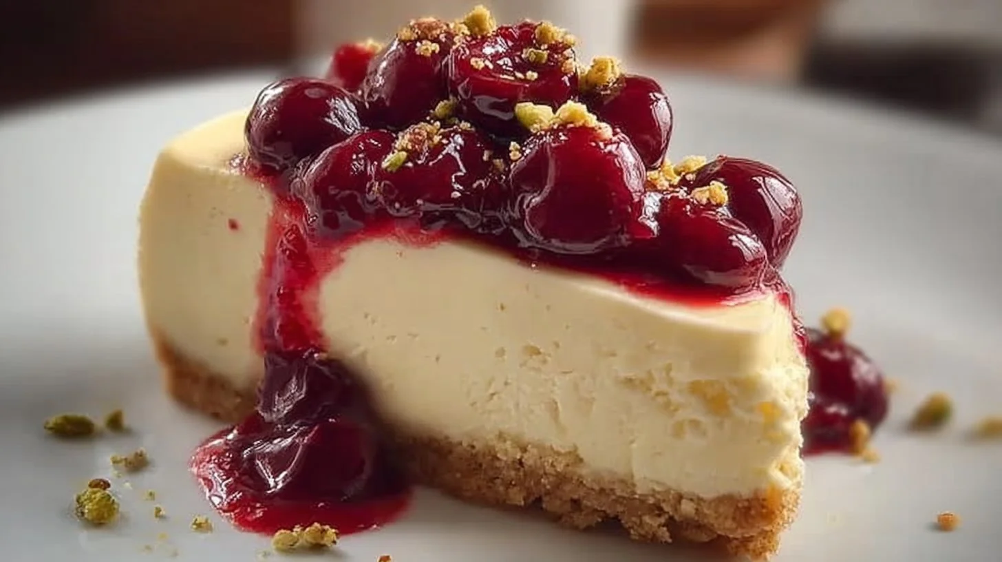 Cheesecake cerise pistache délicieux et crémeux, idéal pour les gourmands.