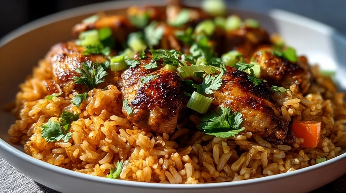 Riz épicé et poulet à la libanaise servi avec des épices parfumées.