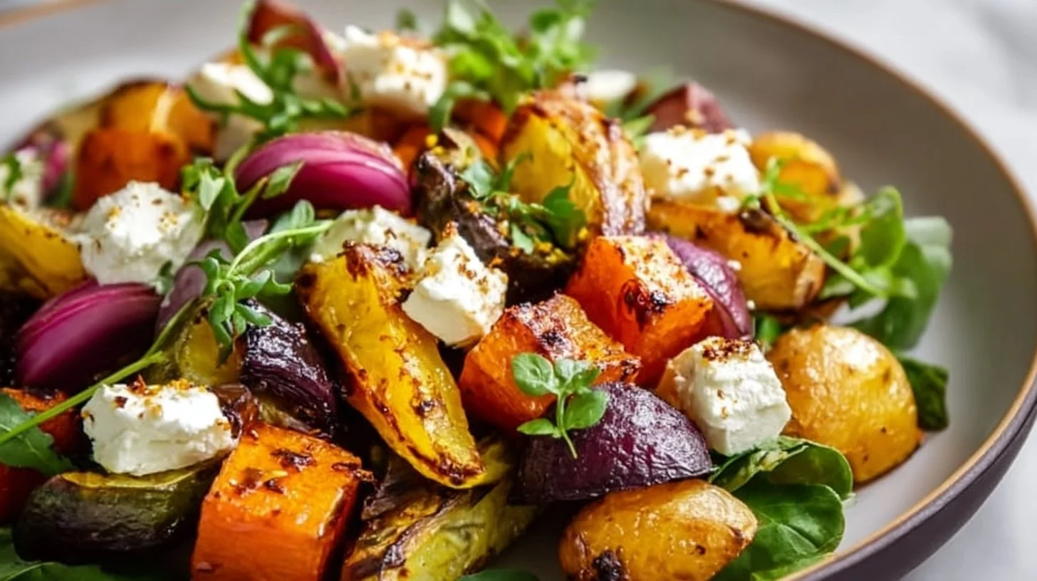 Salade de légumes rôtis colorée et saine servie dans un bol en céramique