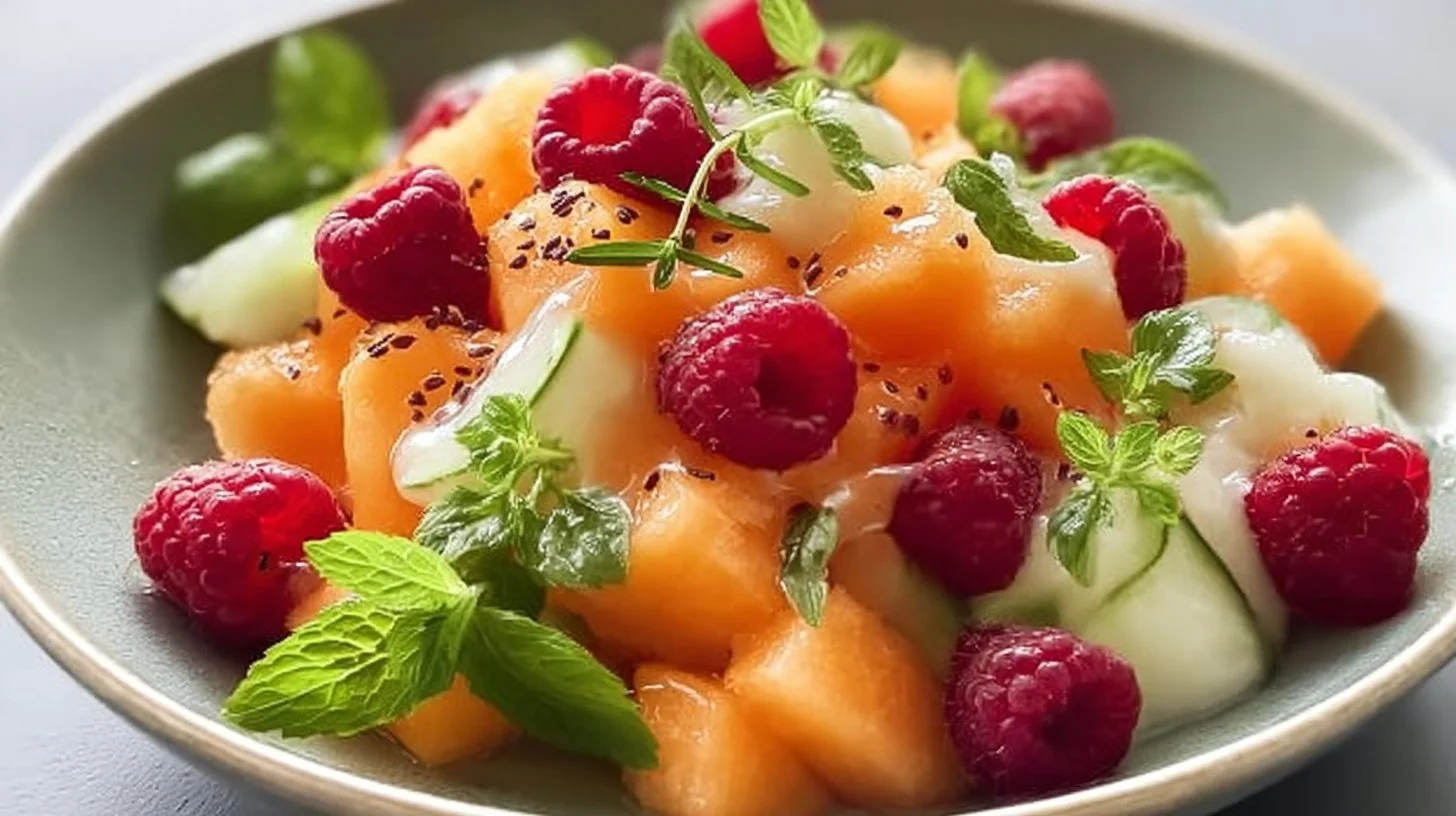 Salade fraîcheur au melon et framboises dans un bol coloré