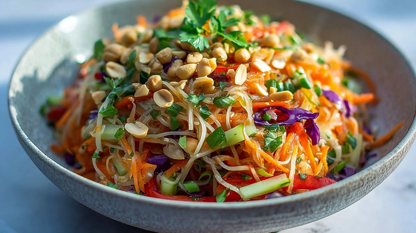 Salade thaï cacahuète servie dans un bol, garnie de légumes croquants
