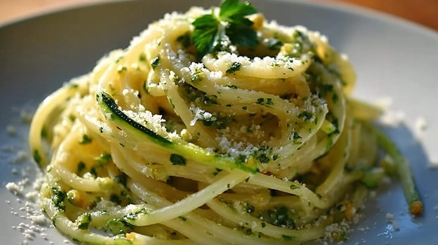 Spaghetti crémeux à la courgette, plat réconfortant et savoureux prêt à être dégusté.
