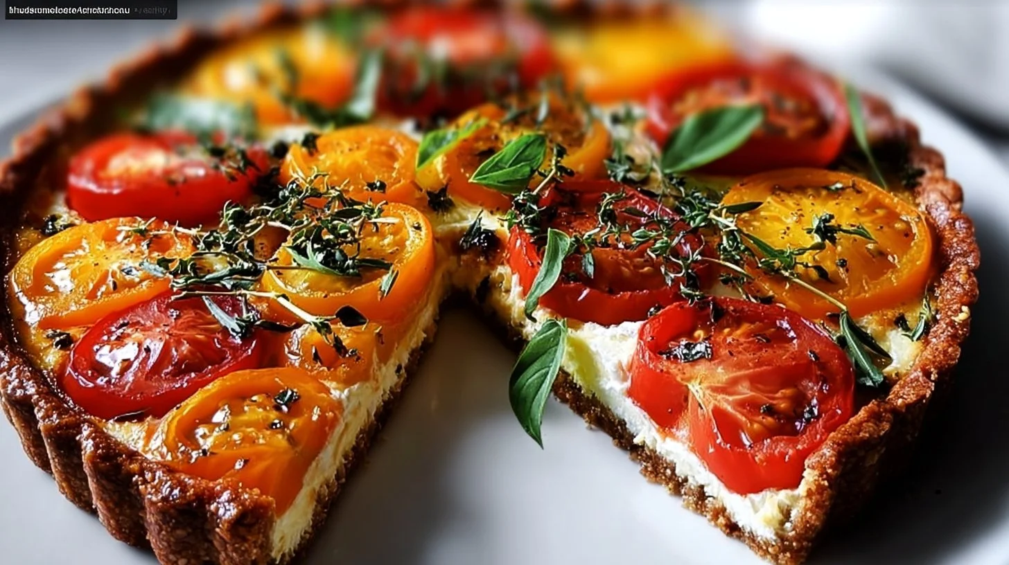 Tarte aux tomates fraîches garnie de boursin à l'ail, un plat savoureux et coloré
