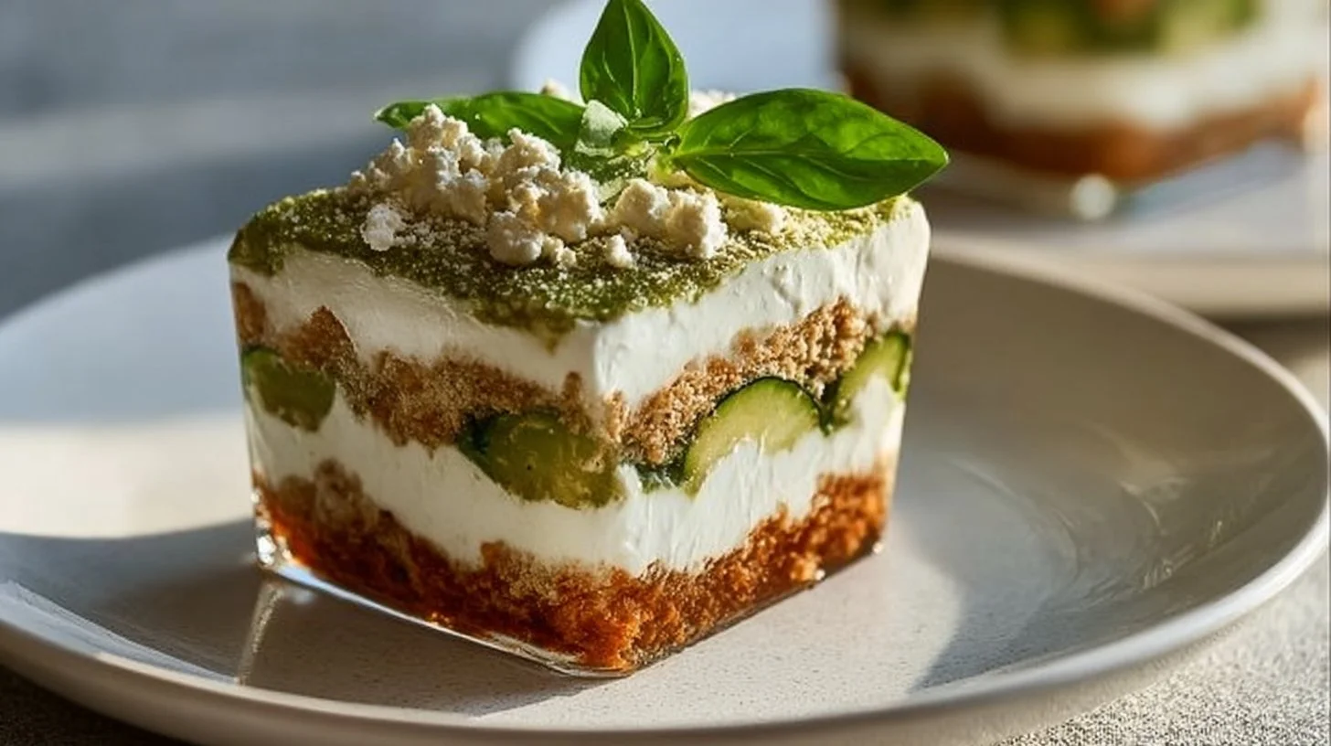 Tiramisu Salé aux courgettes et feta, garni de menthe et basilic.