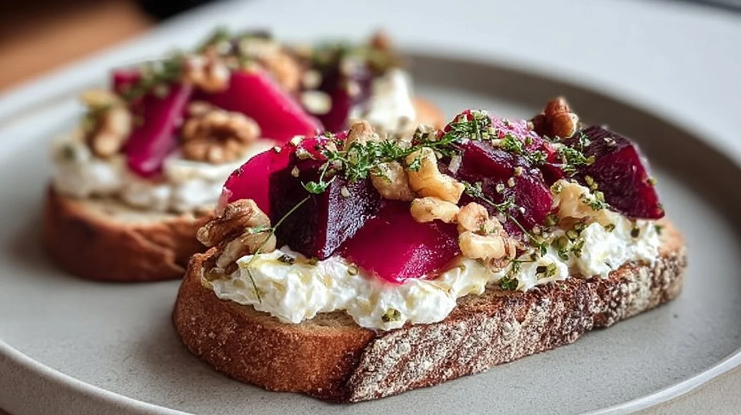 Toast de chèvre et betterave garnis de noix, idéal pour apéritif.