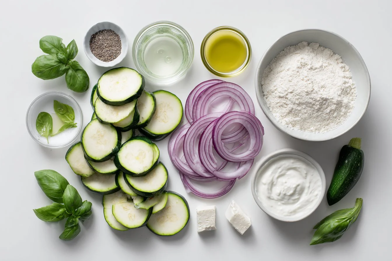 Scarpaccia Fine à la Courgette et Oignon Rouge, Crème de Feta et Basilic Frais