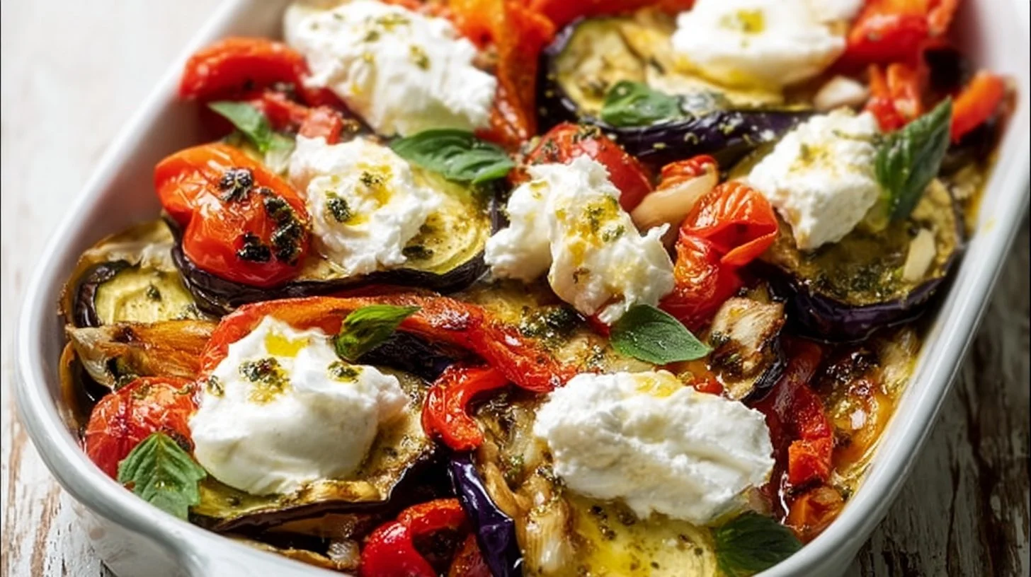 Aubergines, poivrons et courgettes au four avec burrata