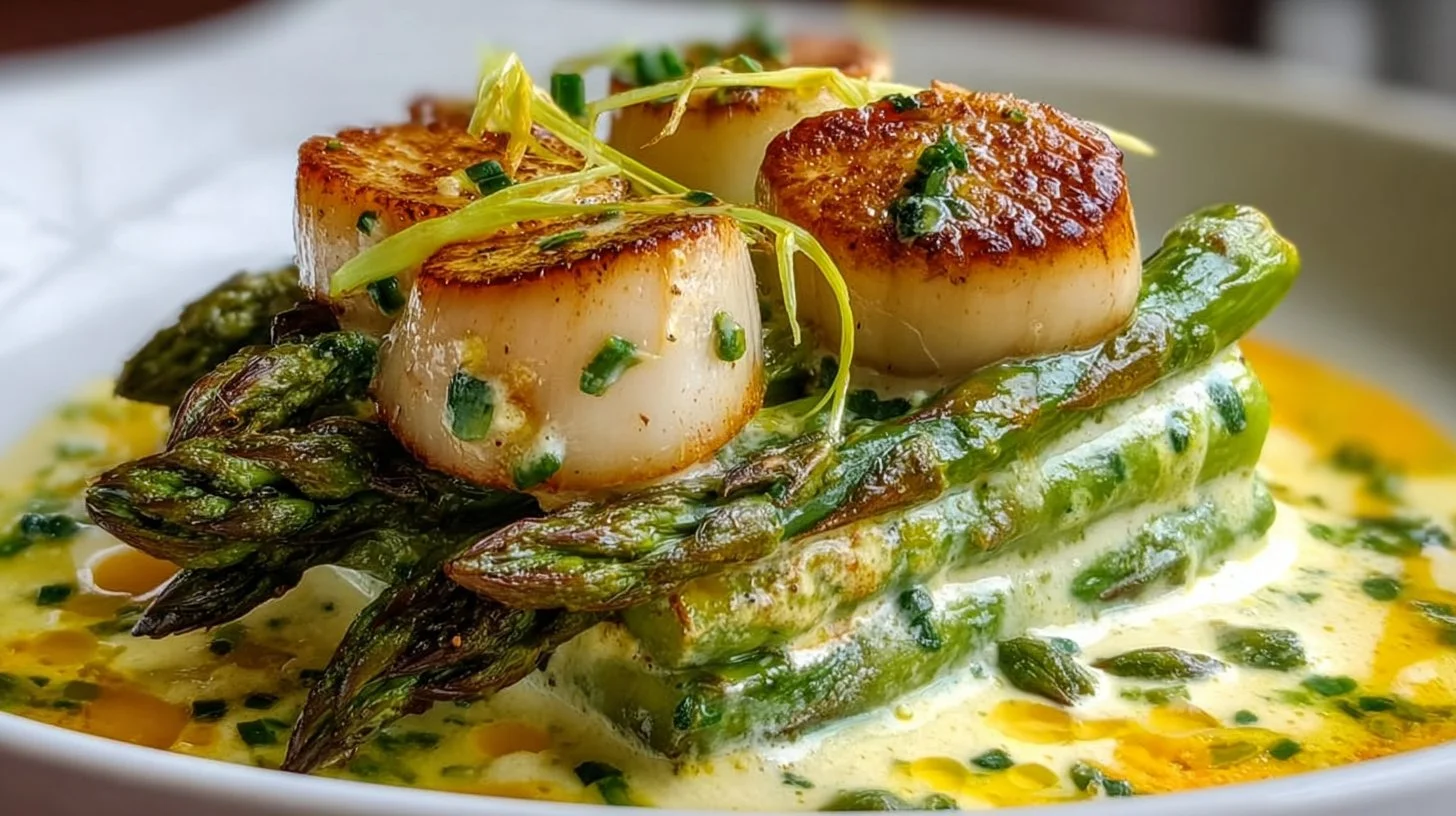 Cassolette de Saint-Jacques, Asperges Vertes & Crème de Yuzu : Un Plat Élégant et Aromatique à Tester Absolument !