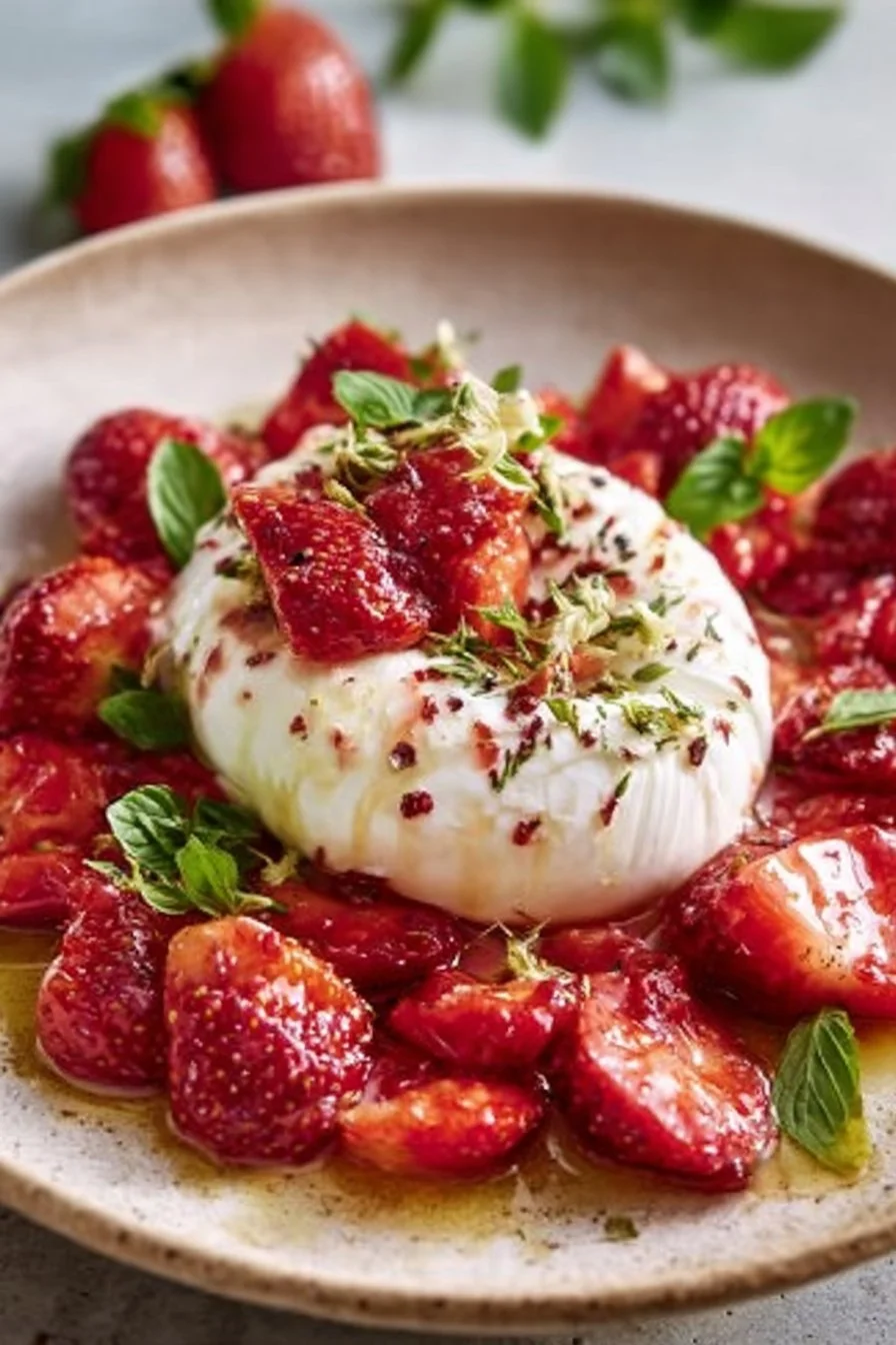 Burrata aux fraises rôties et sureau